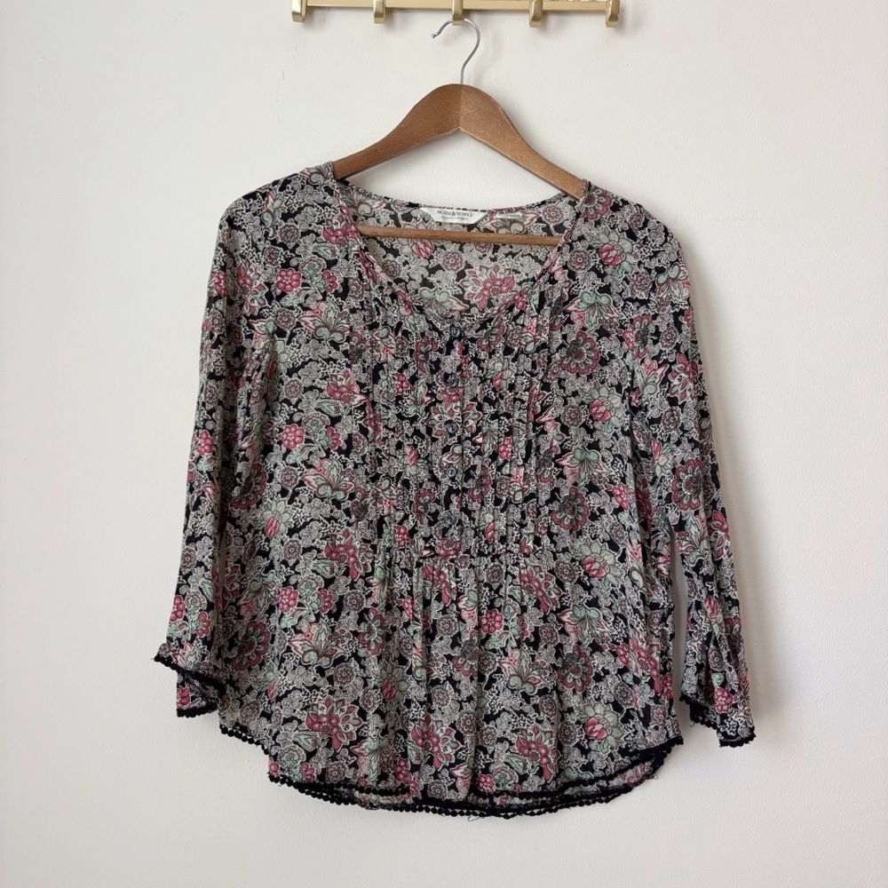 Denim & Supply Dark Romantic Floral Pintuck Blouse Small Ralph Lauren
